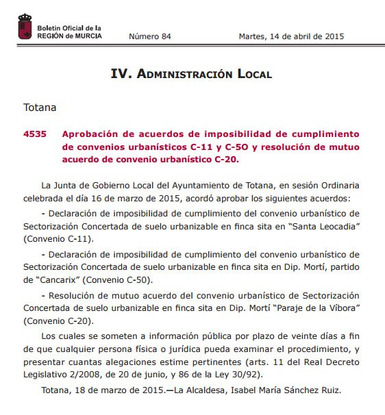 El BORM publica la aprobación de acuerdos de imposibilidad de cumplimiento de convenios urbanísticos C-11 y C-5O