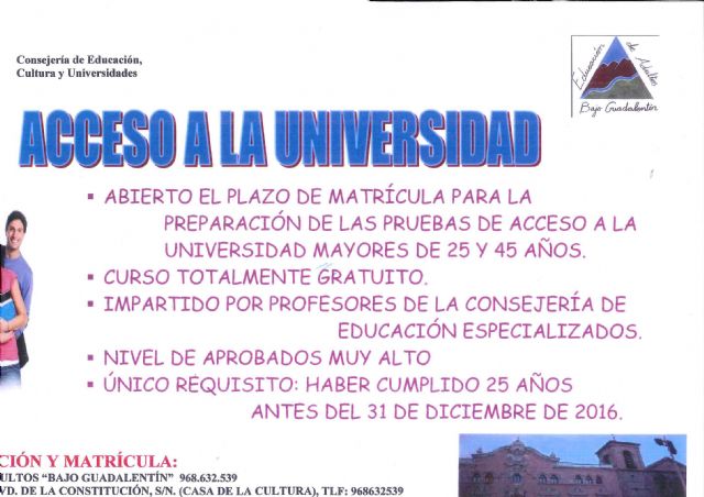 Está abierto el plazo de inscripción para el curso de acceso a la Universidad para mayores de 25 y 45 años