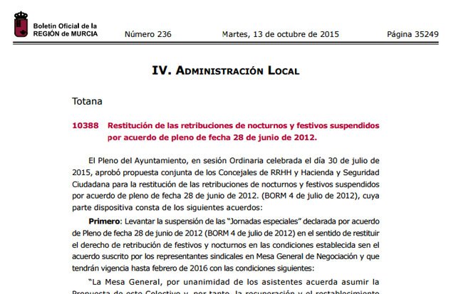 Restitución de las retribuciones de nocturnos y festivos suspendidos por acuerdo de pleno de fecha 28 de junio de 2012