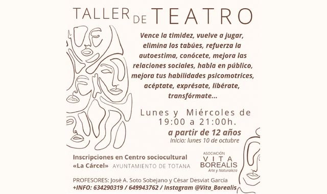 La asociación VITA BOREALIS impartirá dos talleres de teatro dirigidos a niños de más de 6 y 12 años que comenzarán el próximo 10 de octubre