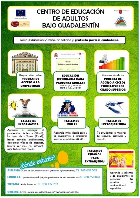 Abierto el plazo de matrícula para toda la oferta formativa en el Centro de Educación de Adultos 'Bajo Guadalentín' para el curso 2017/18