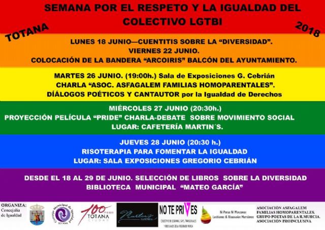 La Semana por el Respeto y la Igualdad del Colectivo LGTBI se celebrará en Totana del 18 al 29 de junio con numerosas actividades de sensibilización y culturales