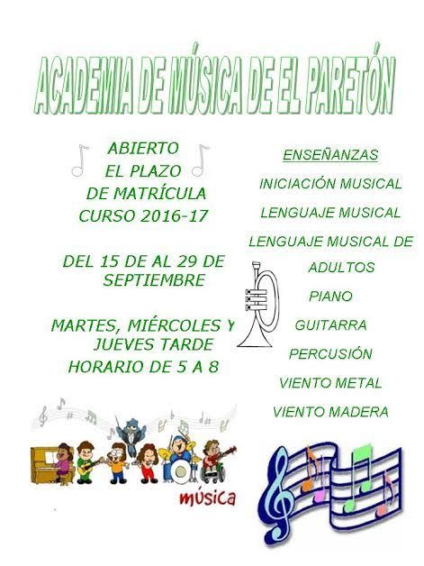 El plazo de matrícula de la Academia de Música de El Paretón será del 15 al 29 de septiembre