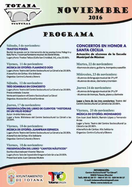 El programa 'Totana Cultural' aglutina durante el mes de noviembre conciertos, presentación de libros y actuaciones de los alumnos de la Escuela Municipal de Música