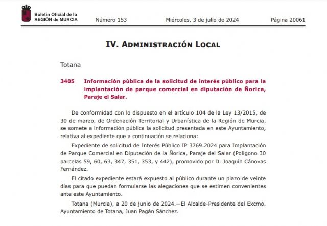 Ganar Totana denuncia que Pagán y el PP reactivan el proyecto del parque comercial en el polígono desde el oscurantismo y la desinformación