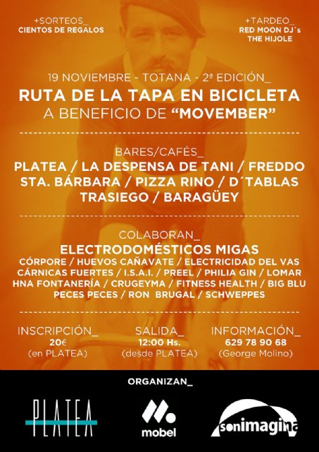 El próximo sábado 19 de noviembre tendrá lugar la 2ª edición de la Ruta de la Tapa en Bicicleta x Totana a beneficio de Movember