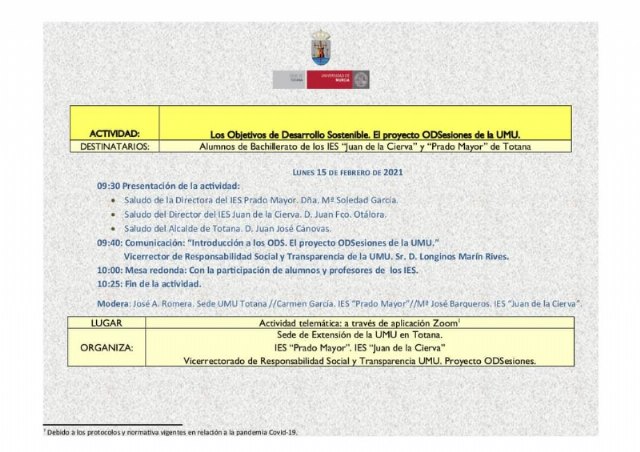 La Sede Permanente de Extensión de la UMU en Totana celebra mañana una jornada formativa telemática con alumnos de Bachillerato de los dos IES