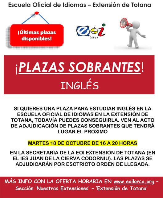 Información sobre plazas sobrantes de la extensión de Totana de la EOI