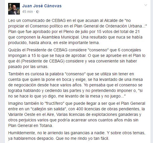 El alcalde sale al paso sobre el comunicado de CEBAG en el que le acusan de 'no propiciar el Consenso político en el Plan General'