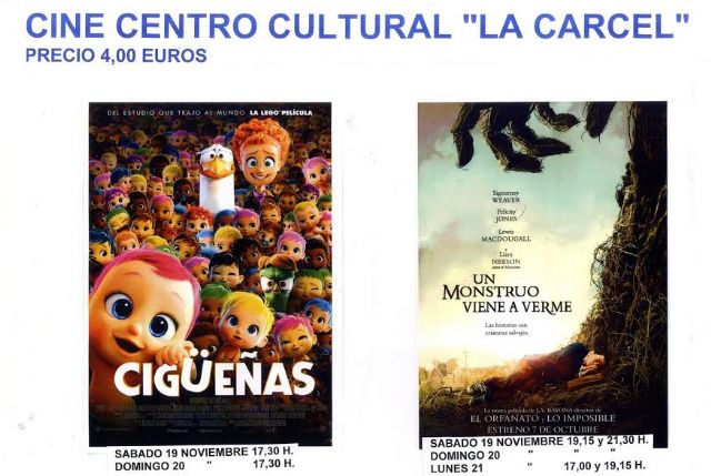 El próximo fin de semana se proyectan las películas “Cigüeñas” y “Un monstruo viene a verme” en el teatro del Centro Sociocultural “La Cárcel”