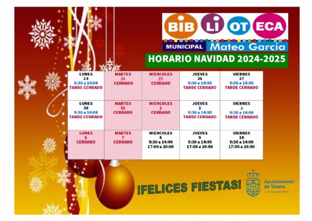 La Biblioteca Municipal permanecerá abierta durante toda la Navidad a excepción de los días festivos