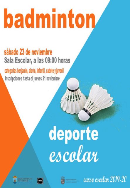 El próximo sábado 23 de noviembre tendrá lugar la Fase Local de Bádminton de Deporte Escolar, organizada por la Concejalía de Deportes