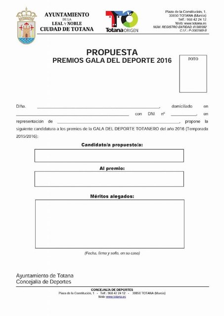 El plazo para presentar las candidaturas para la GALA DEL DEPORTE TOTANERO 2016 finaliza este próximo viernes