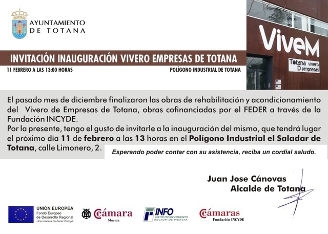 El nuevo Vivero de Empresas de Totana se inaugurará de forma definitiva el próximo 11 de febrero